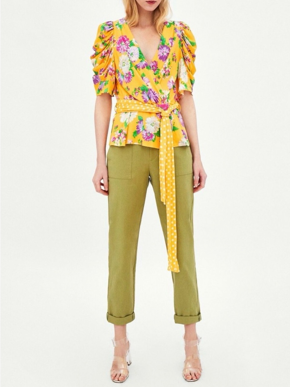 NWT Zara Blouse Top Flower Print Peplum Draped Sleeve Yellow Trafaluc XS